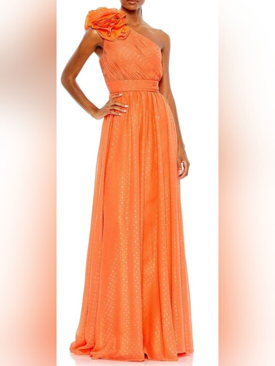 Mac Duggal Dresses & Skirts - Mac Duggal 49536 One-Shoulder Orange Evening Gown with Floral Shoulder Size 2